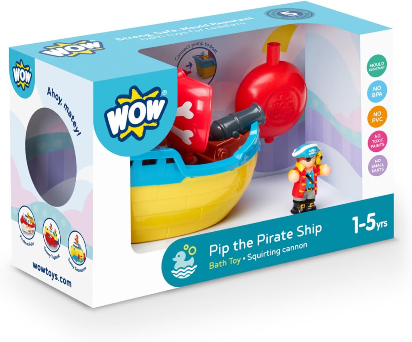 Wow Toys Pip The Pirate Ship – Friction Powered Pirate Boat with Figures & Cannon | No Batteries, Durable Bath or Playroom Toy for Toddlers Ages 1–5