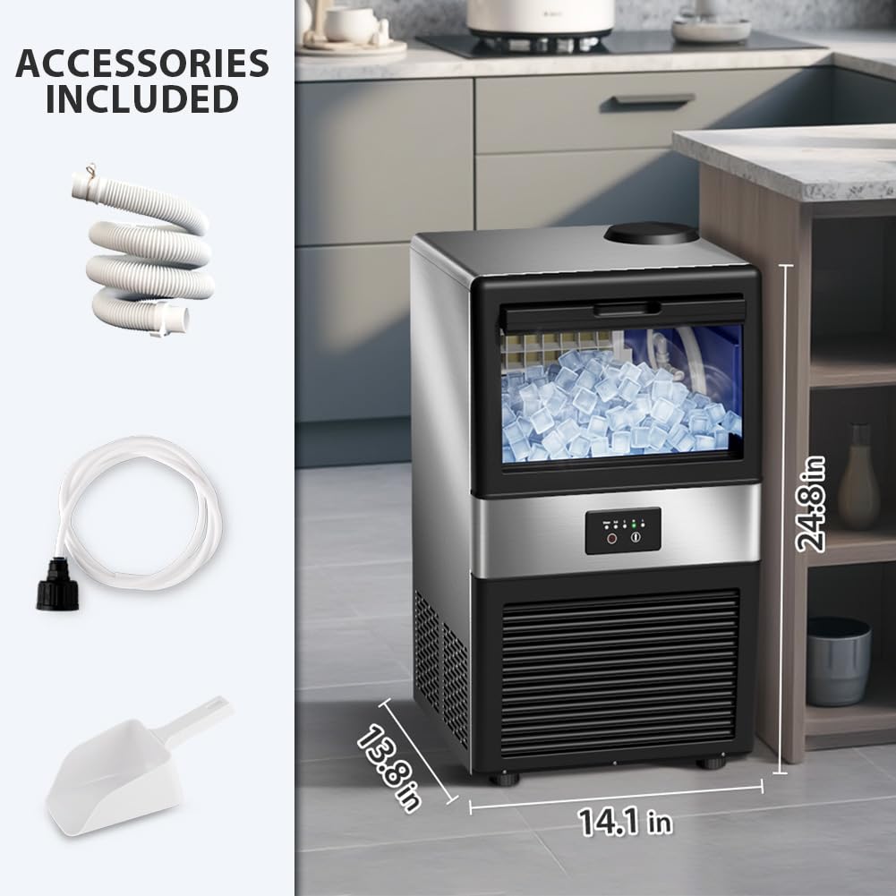 Image showing the ice maker unit with included accessories: water supply hose, drain hose, and ice scoop.