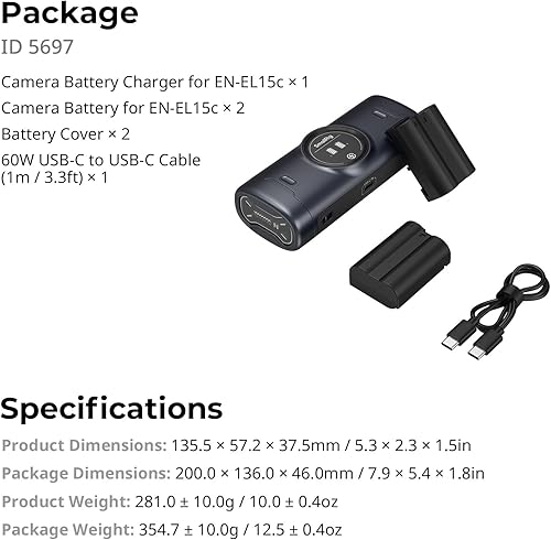 Miniatura 9 de SMALLRIG EN-EL15c Kit de batería para cámara Nikon, cargador de doble ranura de 18 W, 2.5 h, batería de 2520 mAh, pantalla HD, compatible con Nikon