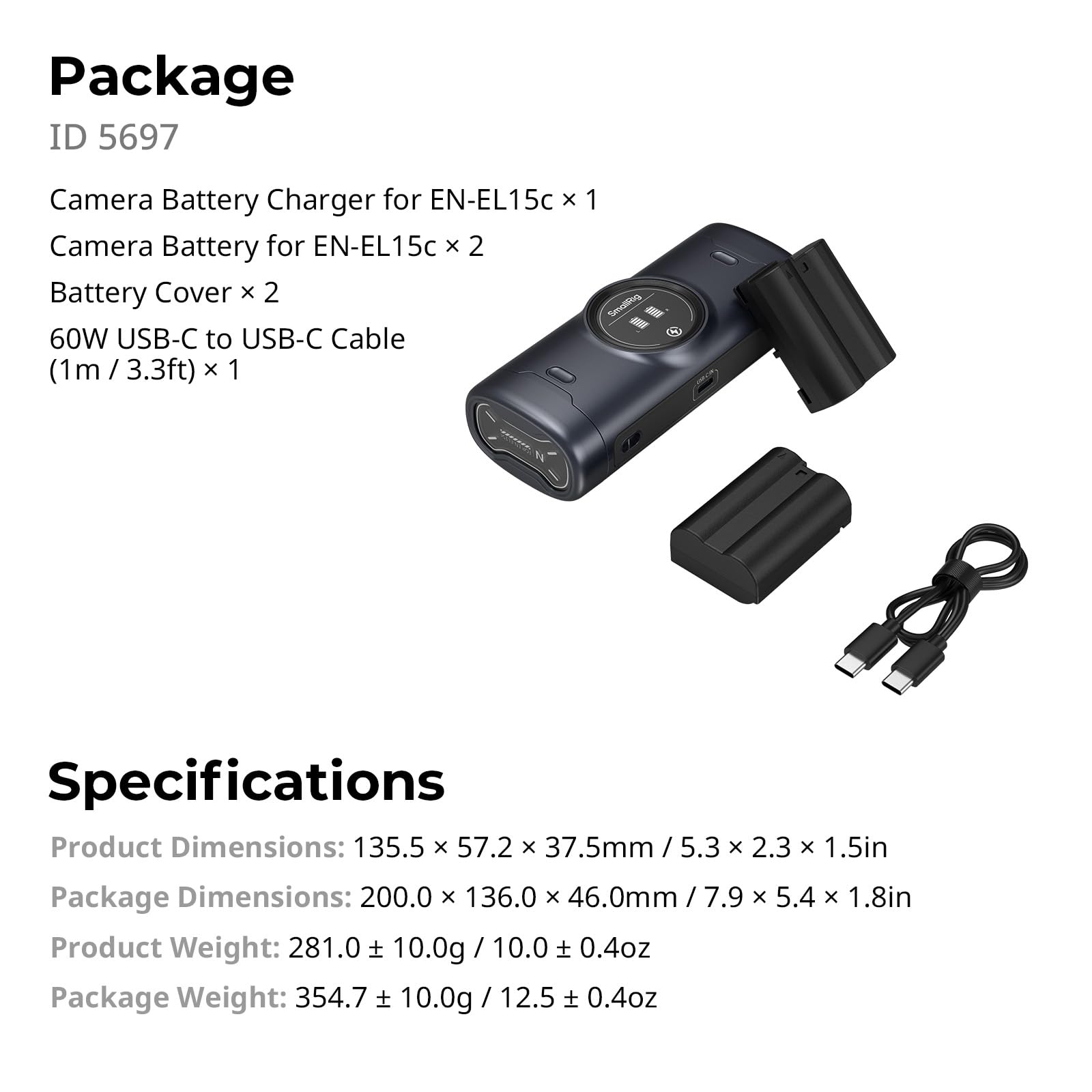 SMALLRIG Zestaw akumulatorów do EN-EL15c, 2520 mAh x 2, wysokowydajne ładowanie podwójne, do Nikon ZR, Z6III, Zf, Z8, Z7II, Z7, Z6II, Z6, Z5, D850, D810, D810A, D780, D750, D610, D500-5697