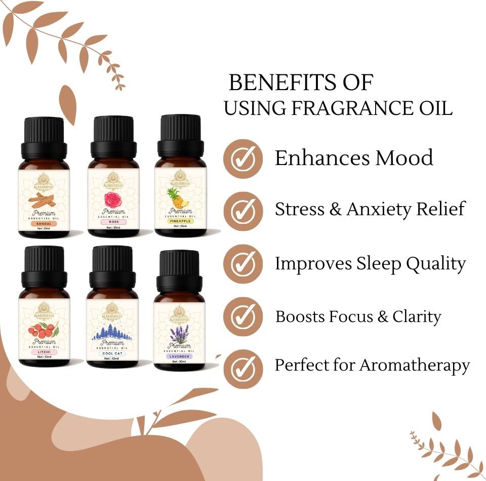 Image of Aroma Diffuser Oil Combo of 6 x 10ml - 60ml | Litchi, Pineapple, Lavender, Cool Cat, Rose, Sandal | Toxin-Free | for Diffuser, DIY, Aroma Use | Pack of 6
