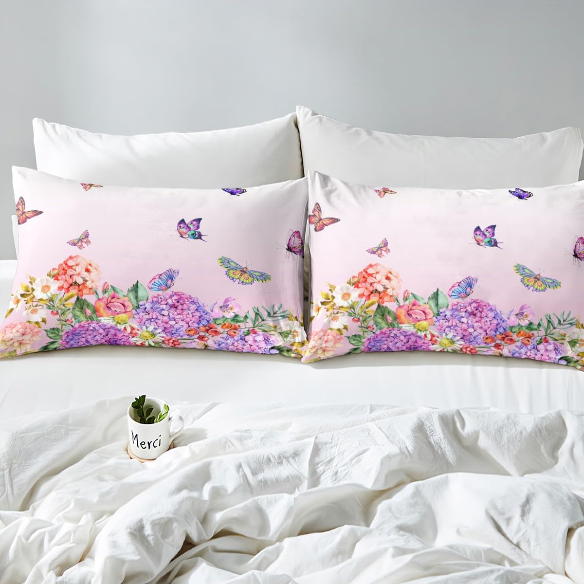 Bettwäsche-Set Für Kinderbett Mit Schmetterlingen, 5-teilig (2 Laken, Decke, Rock, Wandaufkleber) – Weiß/rosa
