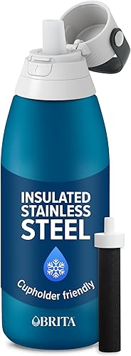 Brita Stainless Steel Premium Filtering Water Bottle, BPA-Free, Reusable, Insulated, Replaces 300 Plastic Water Bottles, Filter Lasts 2 Months or 40 Gallons, Includes 1 Filter, Marina - 32 oz