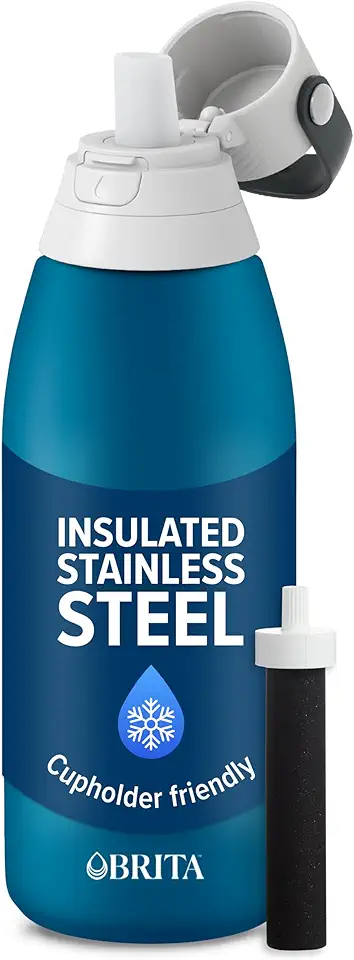 Brita Garrafa de água de filtragem premium de aço inoxidável, livre de BPA, reutilizável, isolada, substitui 300 garrafas de água de plástico, o filtro dura 2 meses ou 40 galões, inclui 1 filtro,