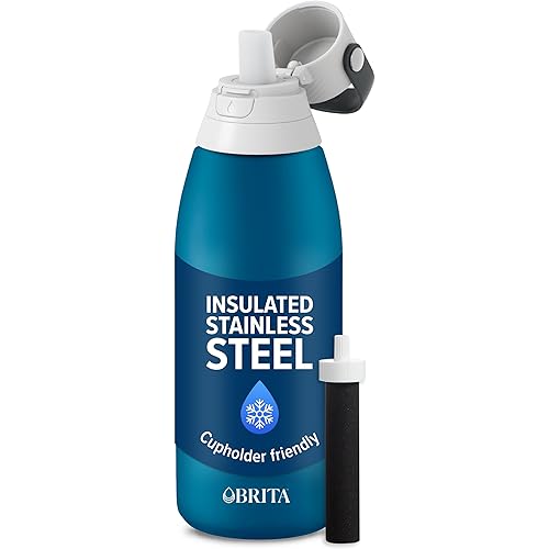 Brita Stainless Steel Premium Filtering Water Bottle, BPA-Free, Reusable, Insulated, Replaces 300 Plastic Water Bottles, Filter Lasts 2 Months or 40 Gallons, Includes 1 Filter, Marina - 32 oz