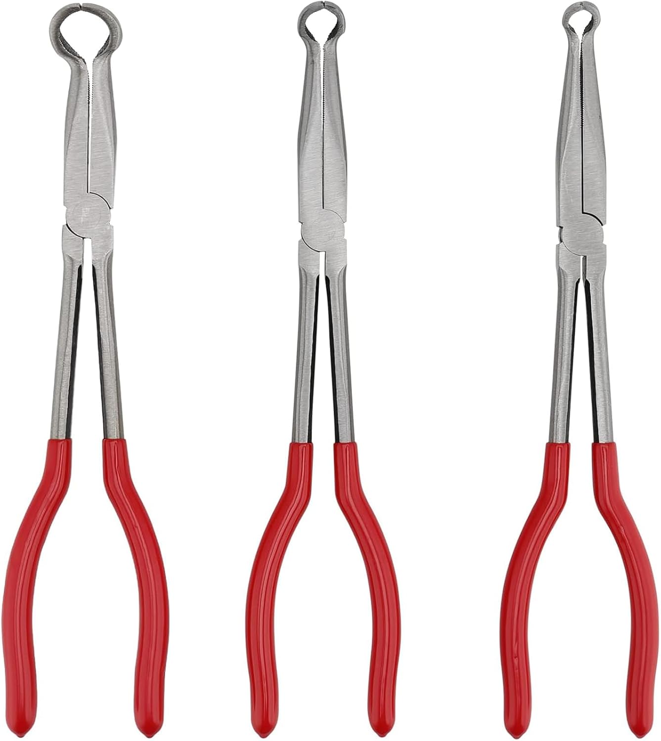 KEILEOHO 3 Pieces 11 Inch Long Reach Hose Grip Pliers, 3/8 Inch, 1/2 Inch, 3/4 Inch Ring Nose Pliers Set, Carbon Steel Hose Gripper Pliers Offset Spark Plug Boot Removal Plier