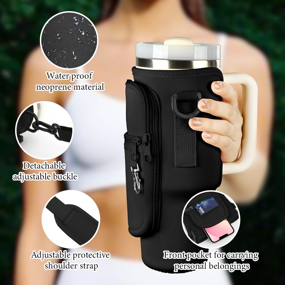 Torba na butelkę wody, uchwyt z regulowanym paskiem i kieszenią na telefon, do kubków Stanley, Quencher 1,1 l, na spacery, wędrówki, kemping, czarna