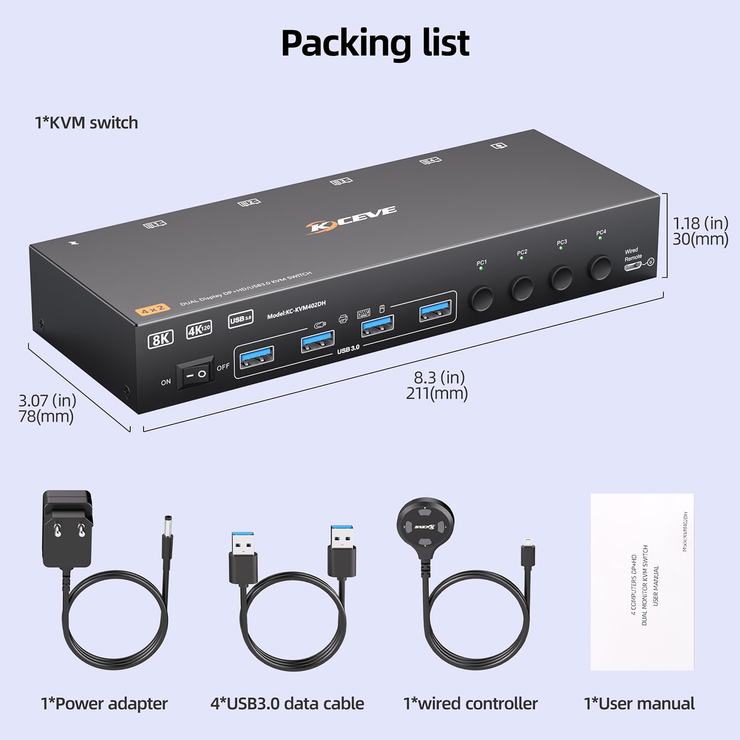 KVM Switch 2 Monitores 4 PC, USB 3.0 Displayport + HDMI KVM Conmutador para dos monitores, Soporta 8K@30, 4K144, 4K60Hz para 4 ordenadores que comparten 2 monitores, teclado y ratón