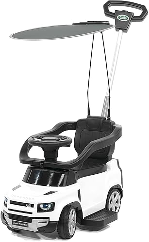 Land Rover Defender - Juguete de paseo para niños con toldo extraíble luces LED música y sonidos del motor volante de bloqueo blanco