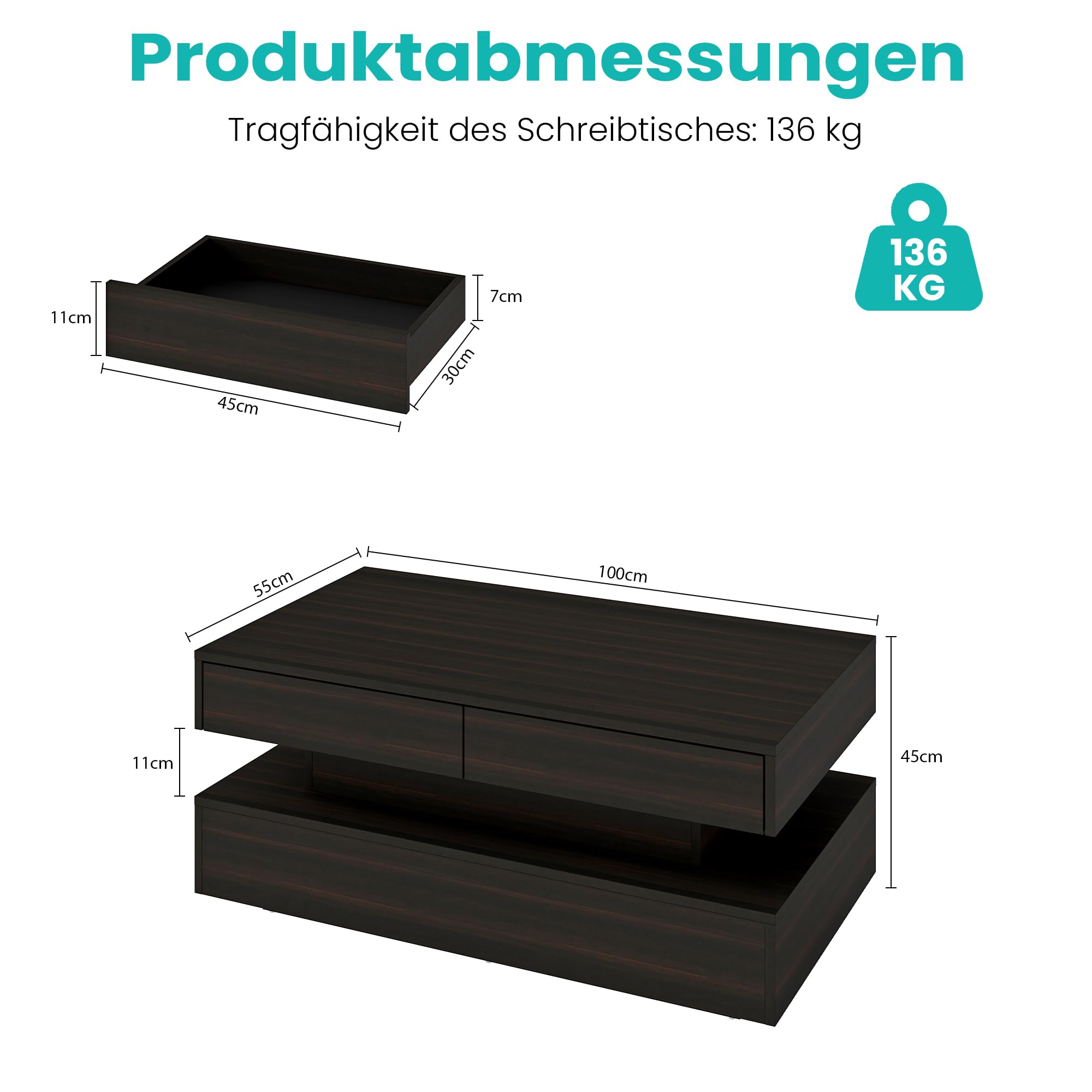 Manora Wohnzimmertisch Schwarz mit LED und Schubladen,Couchtisch Modern mit Stauraum,Rechteckiger Sofatisch,Tisch Wohnzimmer,Bräunlich-schwarz
