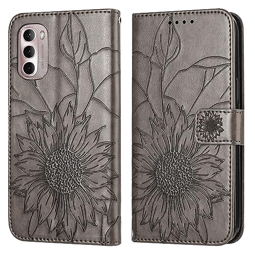 Coque Moto G 5G 2022 antichoc étui cuir à rabat gris floral