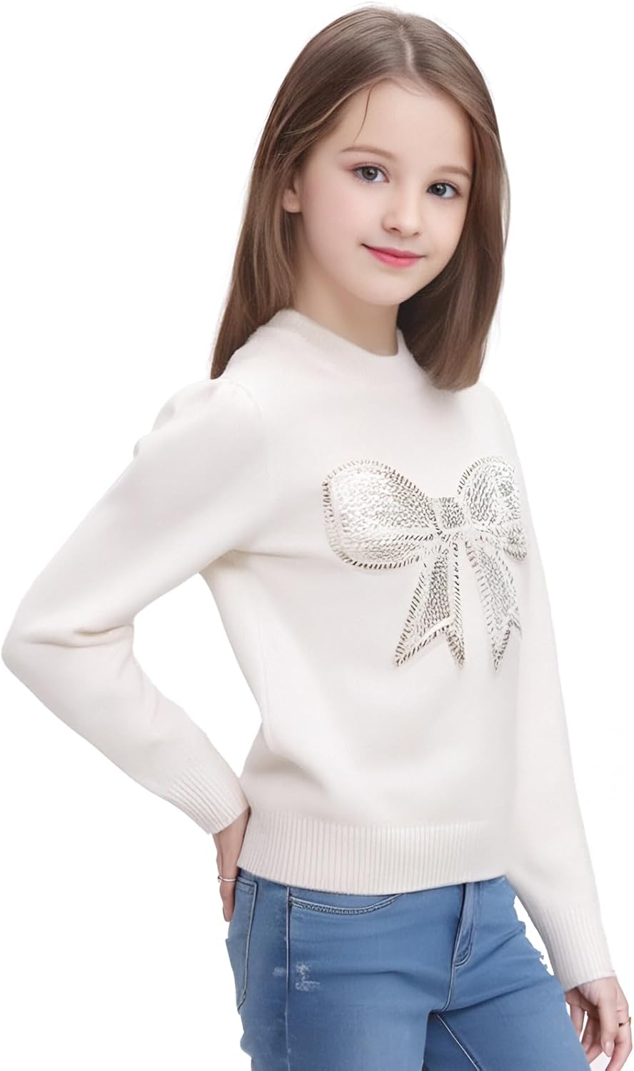 Danny D Young Girl′s Bowknot Sequin Knitted Sweater Crew Neck Long Sleeved Tops for Autumn and Winter - Image 3