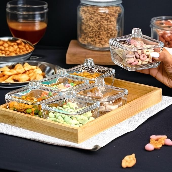 Image of 275ml Glass Dry Fruit Serving Bowl Set of 6 with Glass Lids & Bamboo Tray | Snack, Mukhwas, Namkeen, Candy Storage Containers | Transparent Fancy Serveware for Dining Table