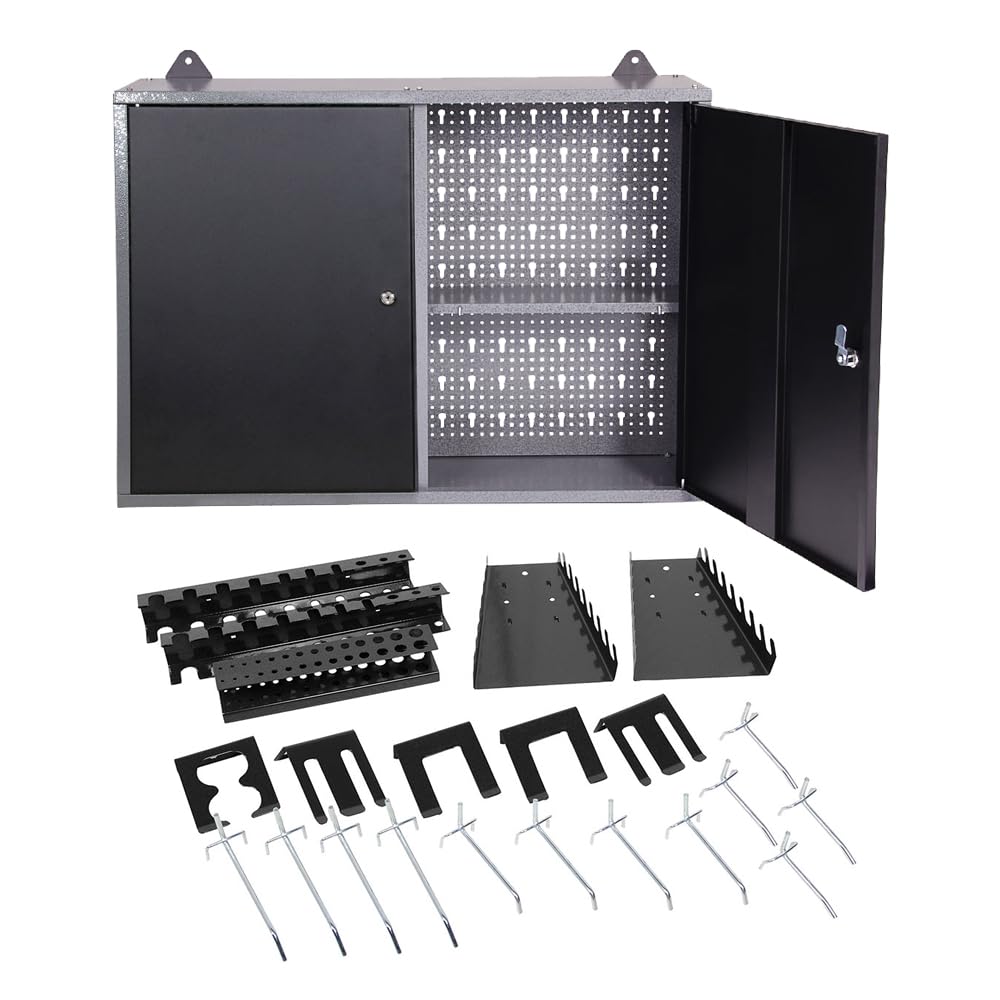 JZD Steel Hanging Upper Garage Cabinets with 22 Tool Hooks, Black & Grey
