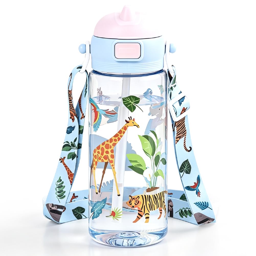 HATFRYF Animal Water Bottle with Straw, Animal Drinking Bottle Water Bottle Plastic Bottles with Straw and Adjustable Strap Drinking Leakproof Sports Bottles for School (600ML)