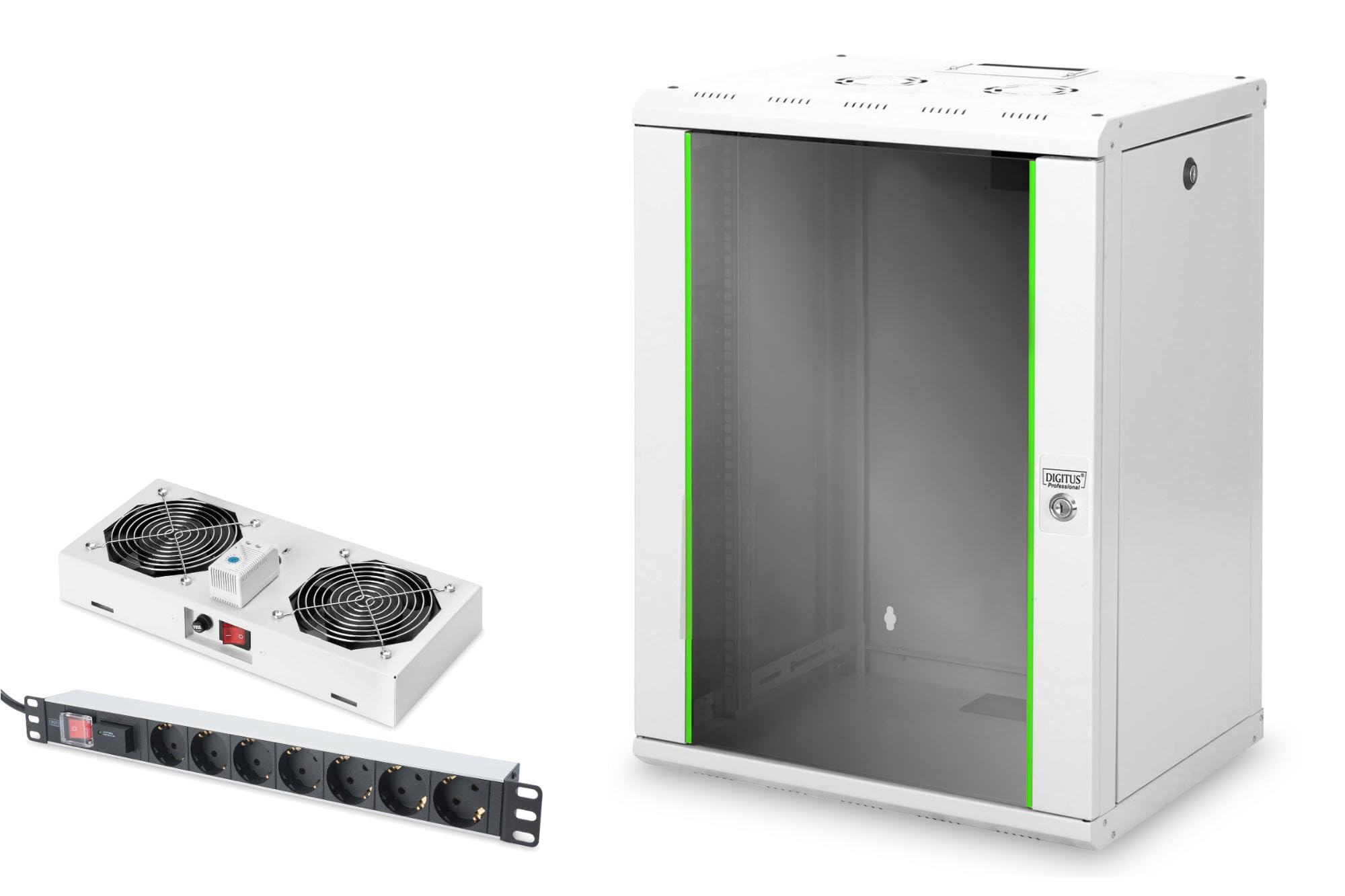 DIGITUS Set: Armoire réseau 19" 16U + Ventilateur de Toit + Bloc multiprise 7 Ports // Rack 19 Pouces - Montage Mural - Profondeur 450mm - Charge 100kg - Profondeur utile 305-370 mm - Gris