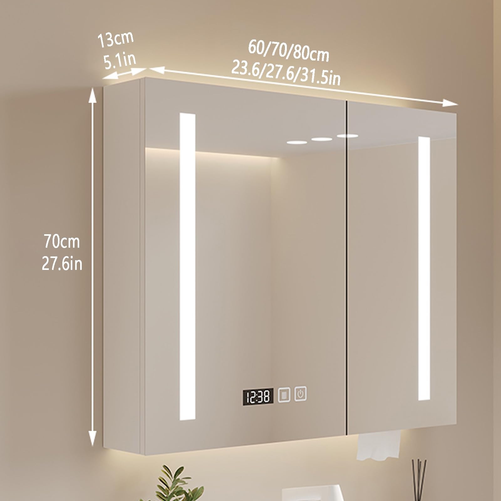 Armario espejo baño con Espejo Antivaho,armario baño pared De madera con espejo y luz,Inteligente armario baÃo pared estrecho Tres colores de luz,Tiempo Temperatura,Agujero de papel,Control táctil(Whi