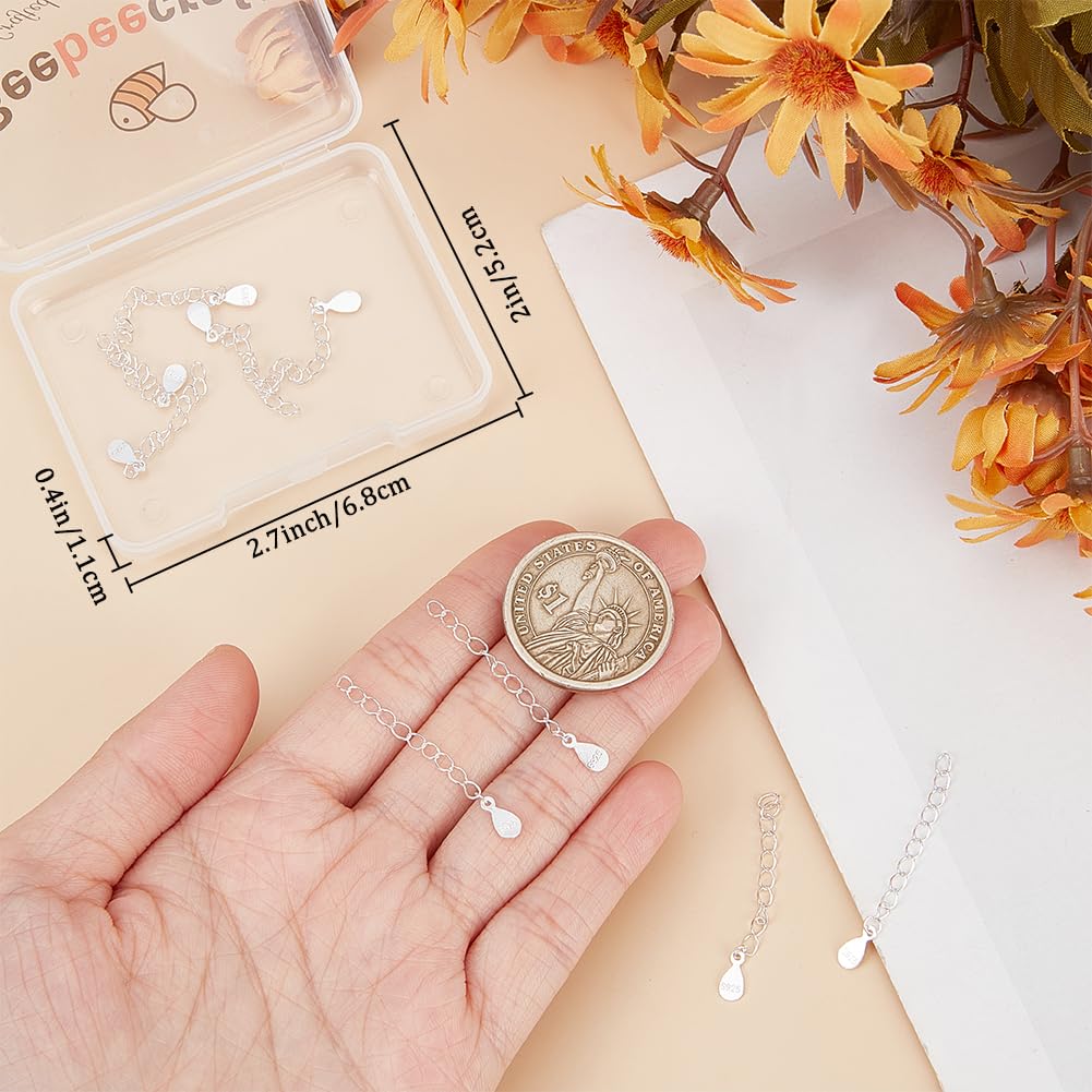 Beebeecraft 1 boîte de 10 pièces de 925 rallonges de Chaîne en Argent Sterling pour Collier Bracelet Chaînes D'Extrémité D'Extension avec Languettes de Chaîne en Forme de Larme Tampon S925 pour la