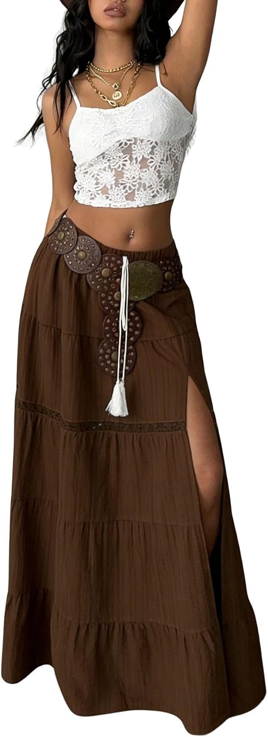 Verdusa Women's Long Maxi Skirts Boho Western Country Cncert Outfits Lace Skirt Split Layered Ruffle Skirt