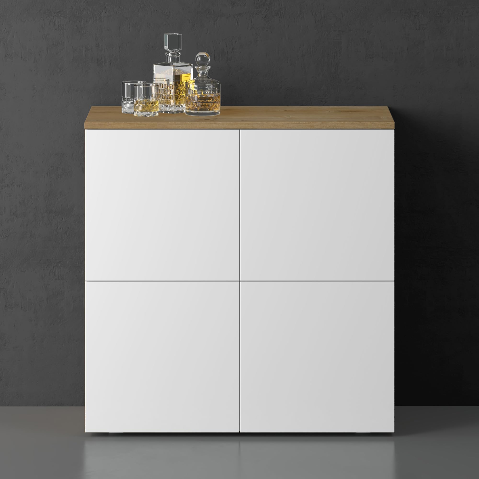 doporro Mobile Organizzatore Credenza Buffet in Legno con 4 Ante Push-to-Open e Soft-Close per Soggiorno, Sala da Pranzo o Ingresso, 76x36,4x76 cm Marrone chiaro e Bianco opaco Schrank04