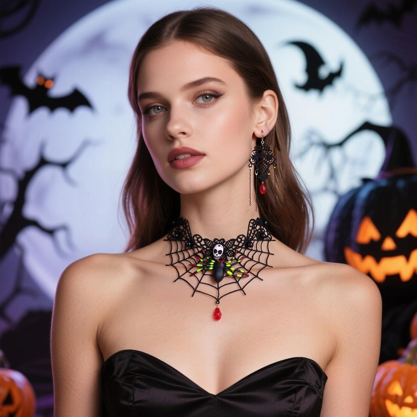 Witch Accessories for Women Goth Black Choker Earrings Halloween Jewelry Black Lace Choker Vintage Necklace Costume Spider Web Skeleton Claw Gothic Vampire Necklaces - Image 3