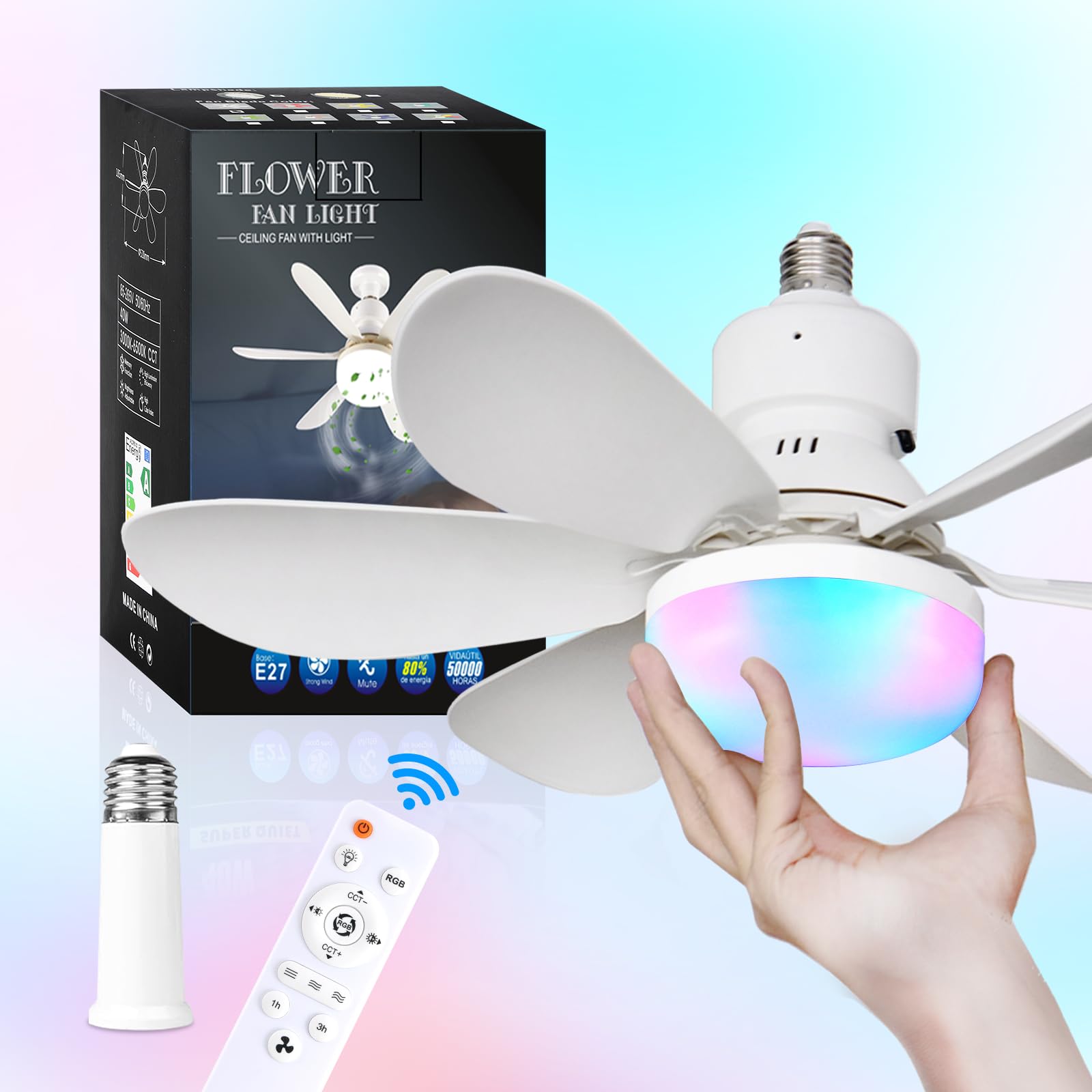 RRBEST Socket Ceiling Fan with Light and Remote, 3 Fan Speeds, Stepless Dimmable, 3 Colours, 3000K-6000K - Image 2