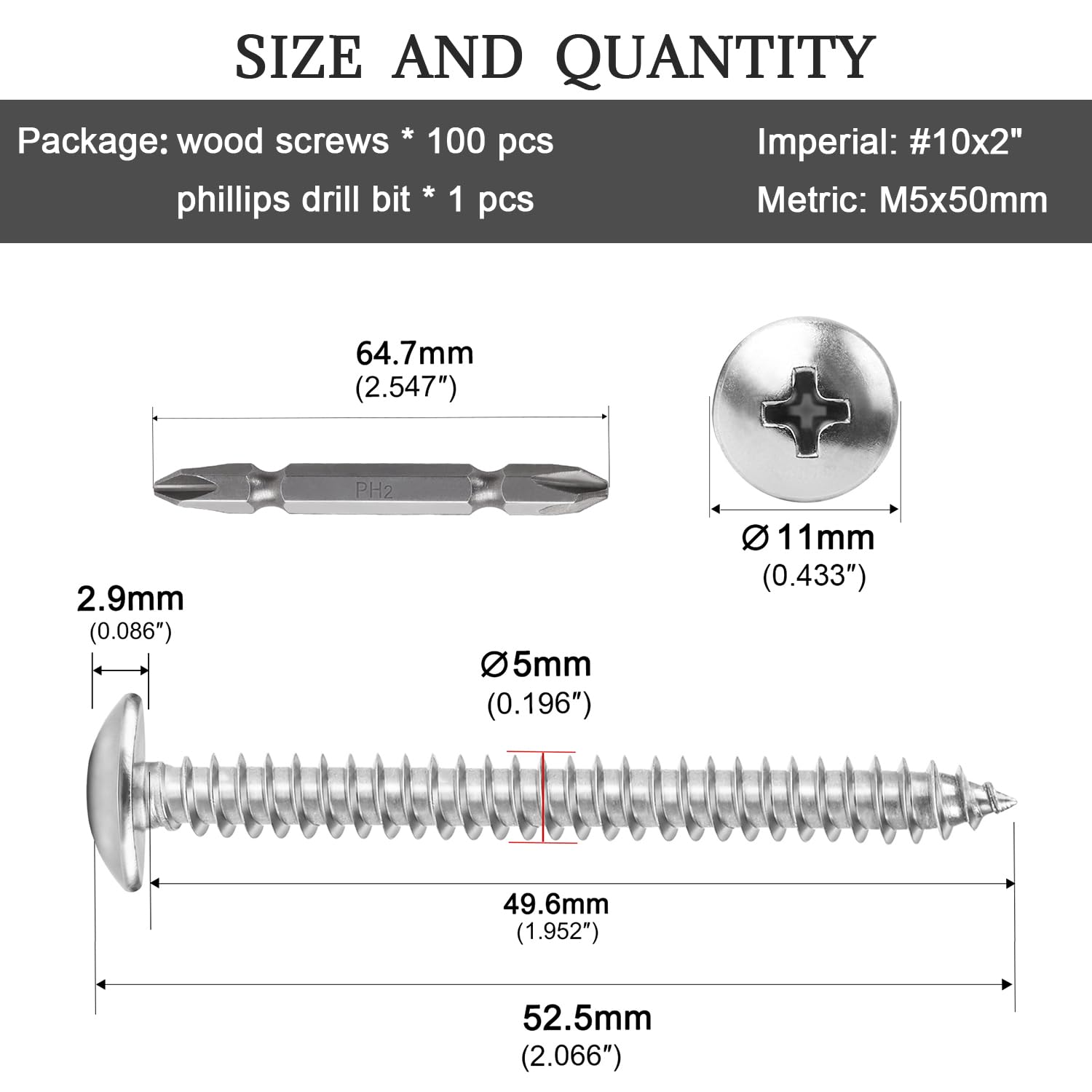 #10 x 2 viti per legno a testa tonda Phillips Drive 304 in acciaio inox autofilettanti viti 100pcs HS/ZGLS-03