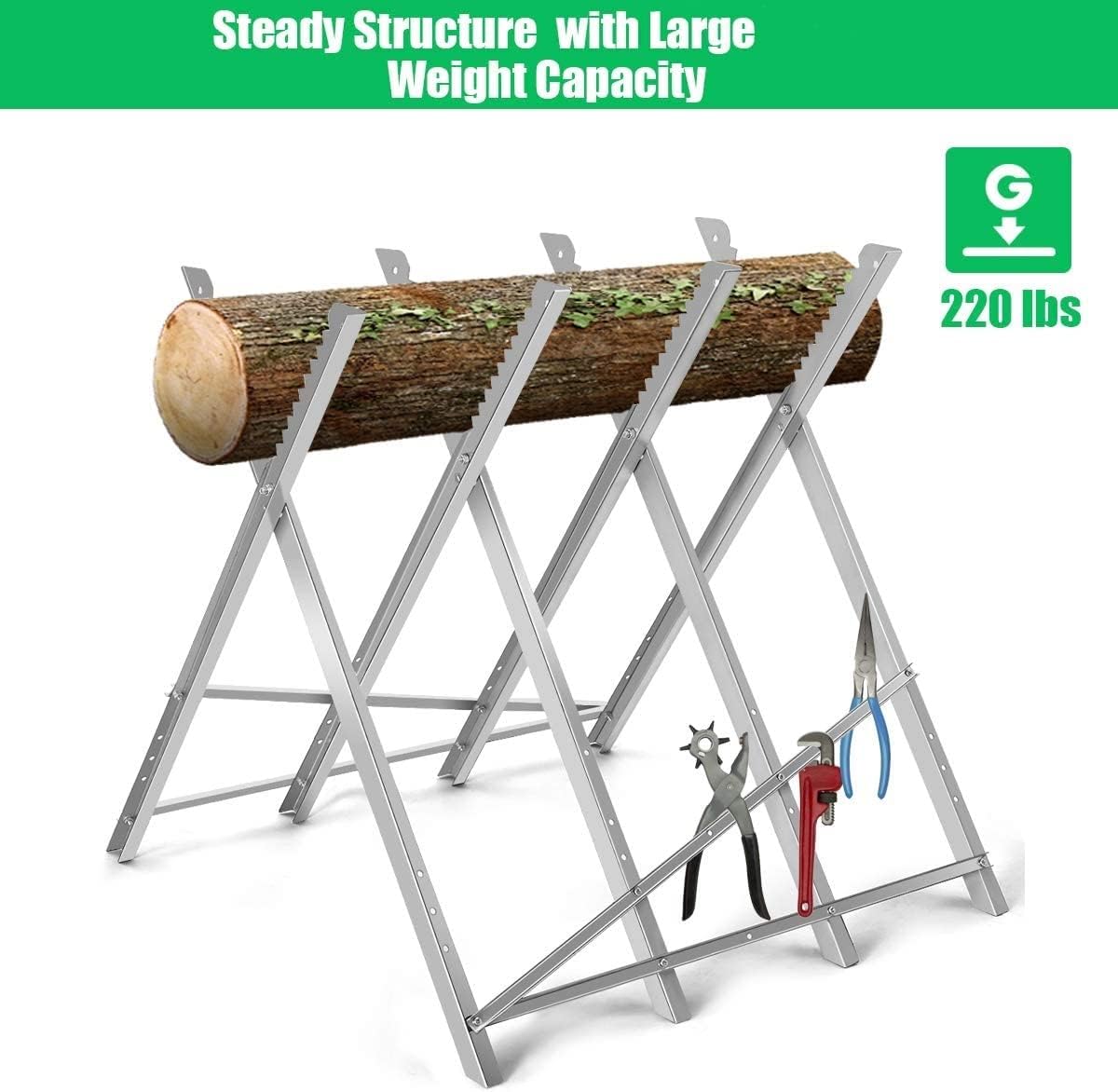 Goplus Portable Folding Sawhorse, Adjustable Steel Sawbuck for Firewood, Heavy Duty 220 lbs Sawhorse Work Table, Lightweight Log Wood Cutting Saw Horses Stand