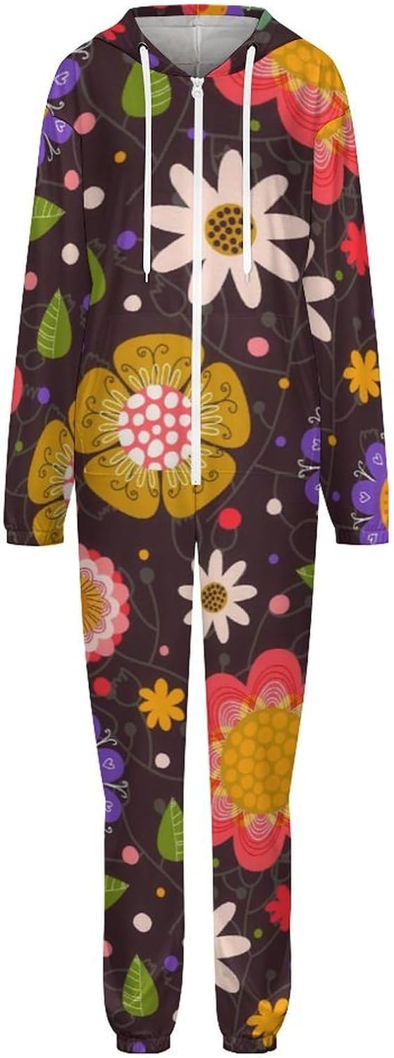 Colorful Floral Onesie Pajama for Women/Men Long Sleeves Novelty One-Piece Halloween Hooded Zip Up Homewear