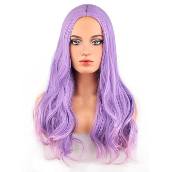 BERON Purple Pink Wig Women Long Wavy Wig Purple to Pink Cosplay Costume Wig Center Parted Full Synthetic Wigs Wig Cap Included