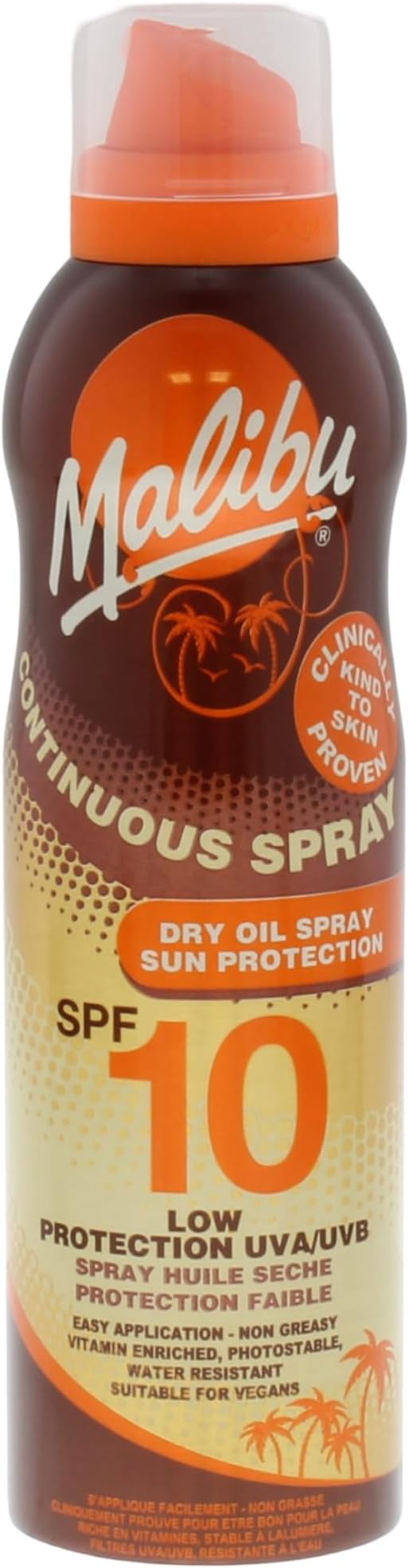 Malibu Sun SPF 10 Continuous Dry Oil Spray for Tanning with Shea Butter Extract, Moisturising Tanning Oil Mist, Water Resistant, 175ml