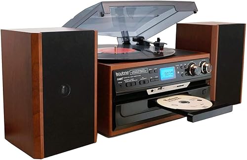 Miniatura 3 de Boytone BT-24MB Tocadiscos de estilo clásico con Bluetooth, radio AMFM, reproductor de CDcasete, 2 altavoces estéreo separados, grabación de vinilo,