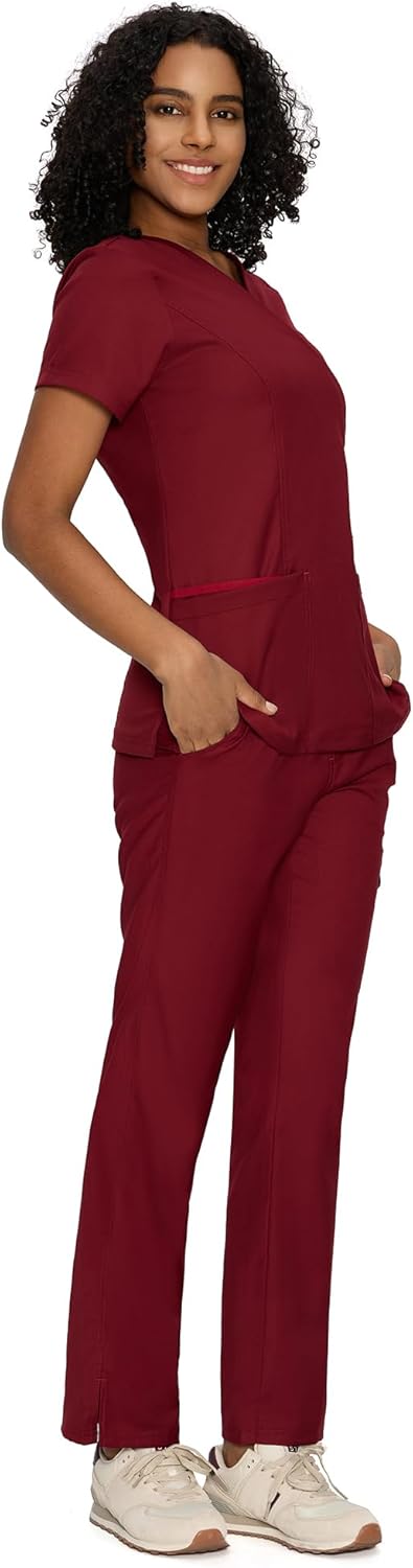 COZYFIT Scrubs for Women - Mock Wrap Top & Straight Leg Pants with 6 Pockets, Back Princess Seams, Soft Fabric - Image 3