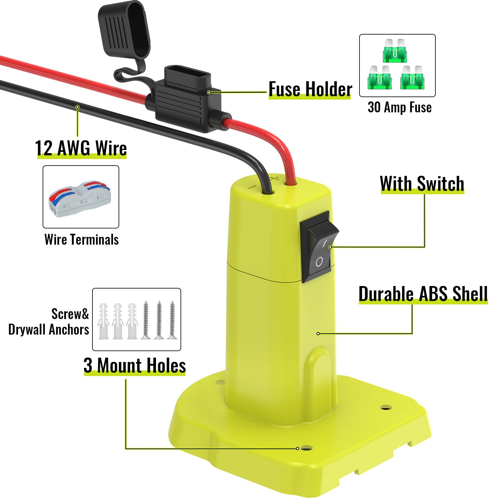 Paquete de 2 adaptadores de rueda de alimentación para batería Ryobi de 18 V, kit de convertidor de batería mejorado con interruptor, fusible y terminales de cable, cable de 12 AWG, conector de