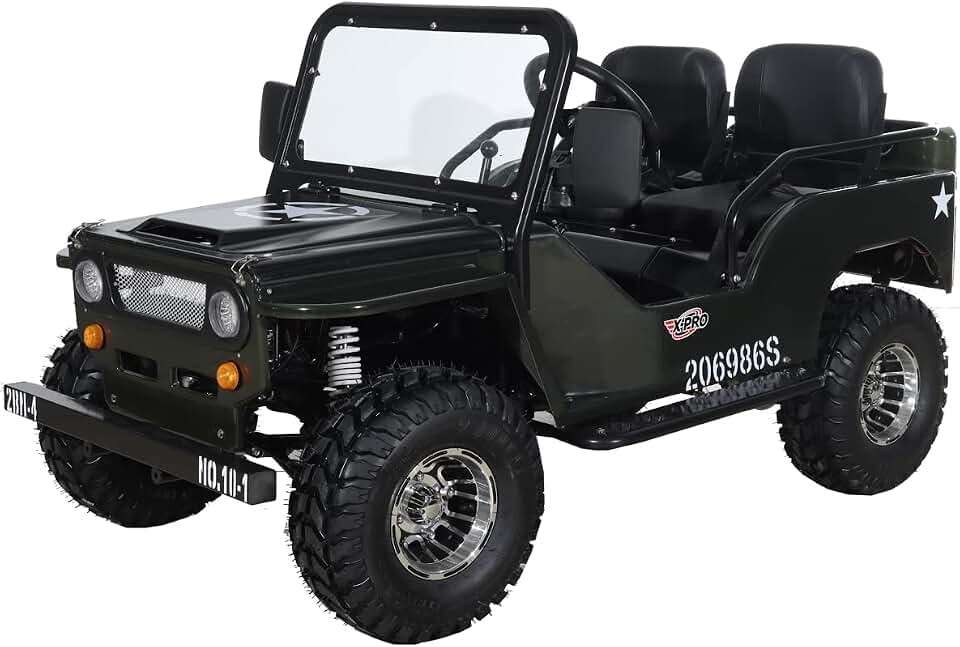 X-PRO Ranger 150 Go Kart with 3-Speed Semi-Automatic Transmission w/Reverse, Big 18" Aluminium Rim Wheels! LED Headlights, with Windshield and Spare Tire！ (Army Green)