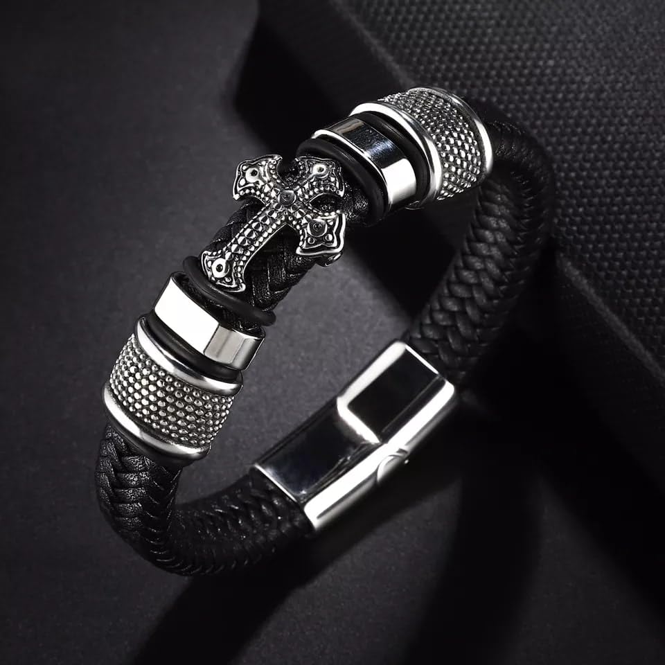 Image of THE MEN THING Leather Bracelet for Men - American Style Genuine Leather Multi-Layer Braided Bracelet with 100% Stainless Steel Magnetic Buckle for Men & Boys (8 inch)