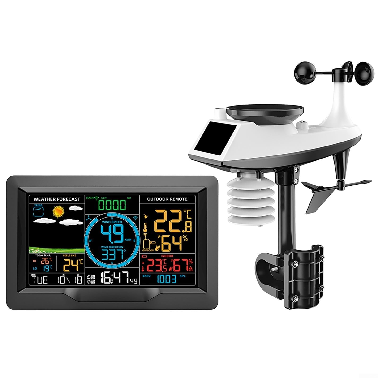 Wetterstation Mit Außensensor, Funk-Wetteruhr Mit Wecker, Temperatur Luftfeuchtigkeit Wind Regen UV, 12-Stunden-Prognose, Reichweite 100M(A)