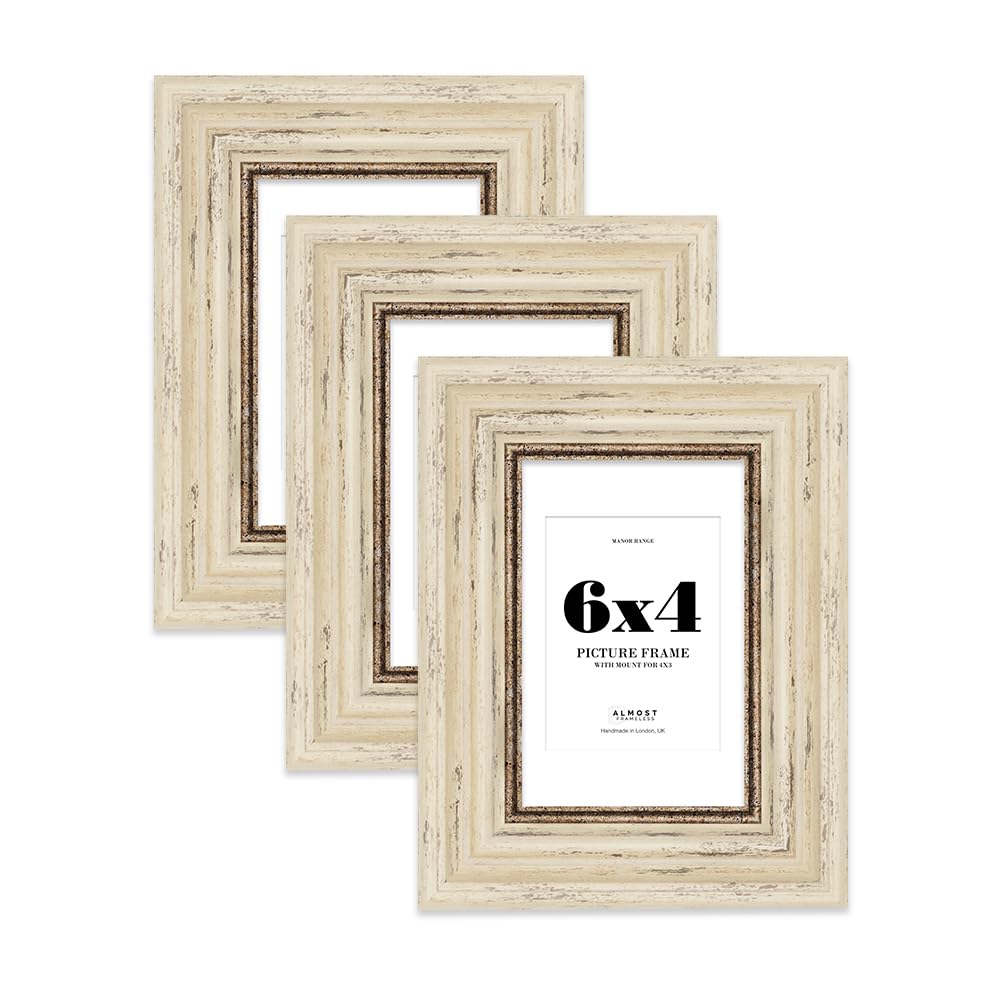 6x4 Distressed Cream Picture Frame - 6x4 Frame with 4x3 Mount for 6x4/4x3 Pictures Classic Style Classic Interior Design Décor, 3 Pack