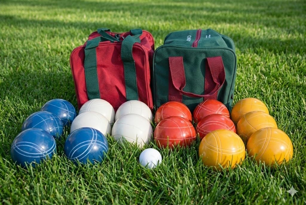 BuyBocceBalls Unique Double Set - Premium Quality and Made in USA, Tournament 110mm EPCO Bocce Sets, 998 Grams (2 lbs. 3.2 oz.) - Rustic Red/Green/Yellow/Orange Balls with Maroon/Green Bags