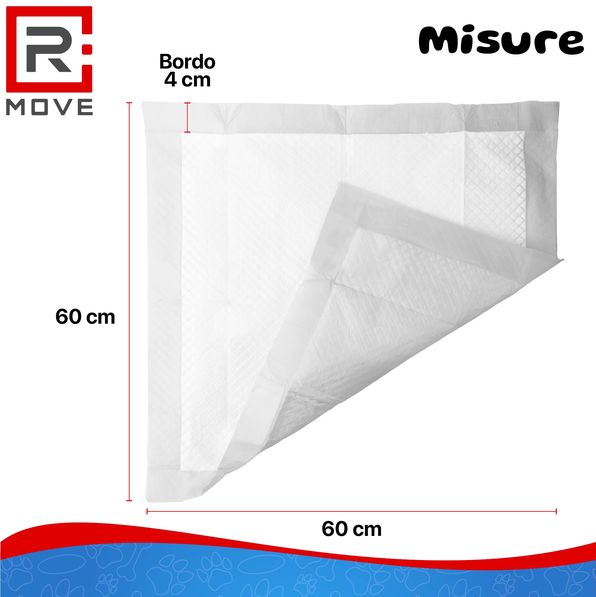 R MOVE 100 Traversine Cani 60x60 con Adesivi - Tappetini Igienici Assorbenti per Cani, Traverse Cane EXTRA Assorbenti, Telini Pipi, Tappetino Igienico con rivestimento antiodore Traversina Assorbente