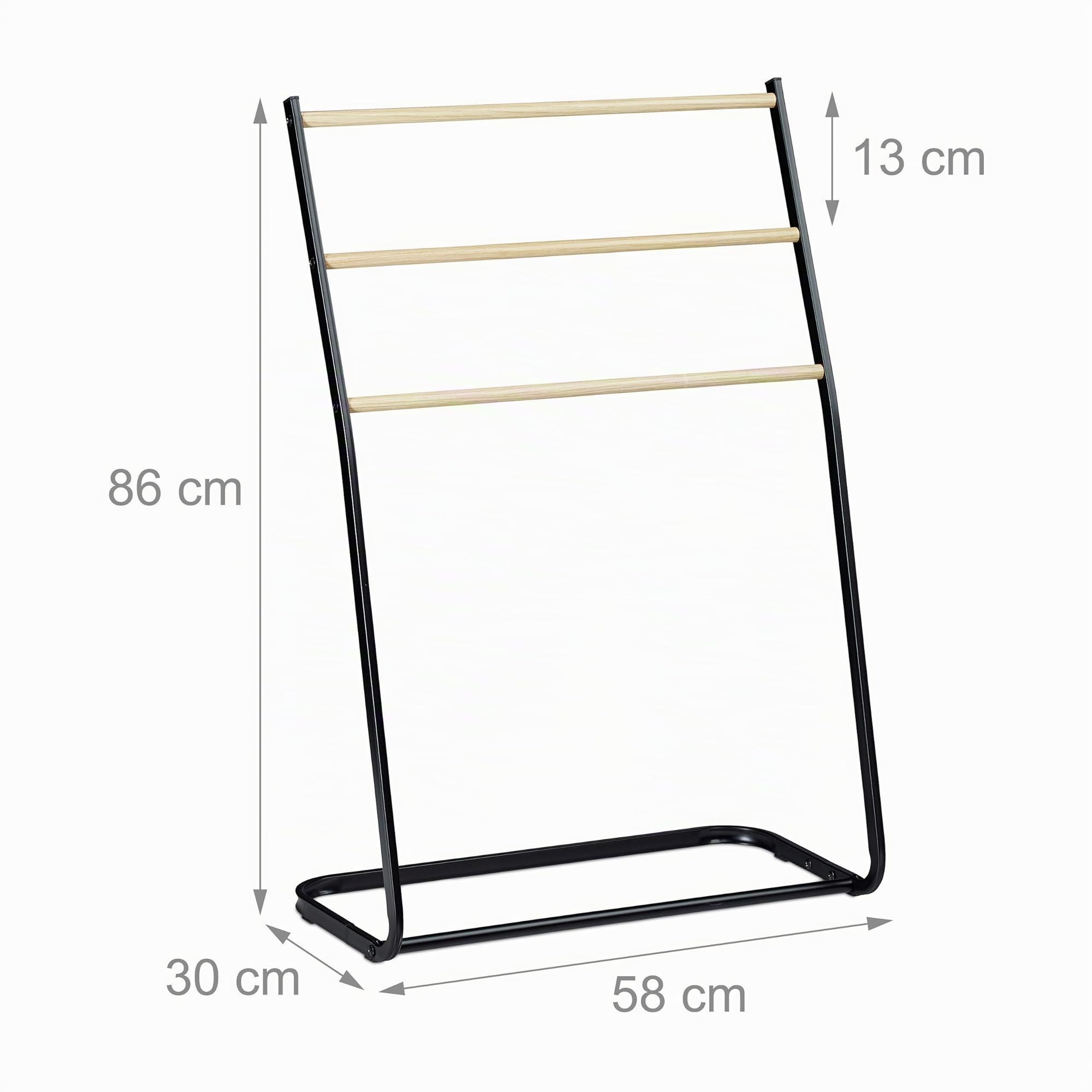 Relaxdays, noir Porte pieds, échelle, escalier 3 barres, métal bois support serviette bain, 86x58x30 cm, fer, 1 élément