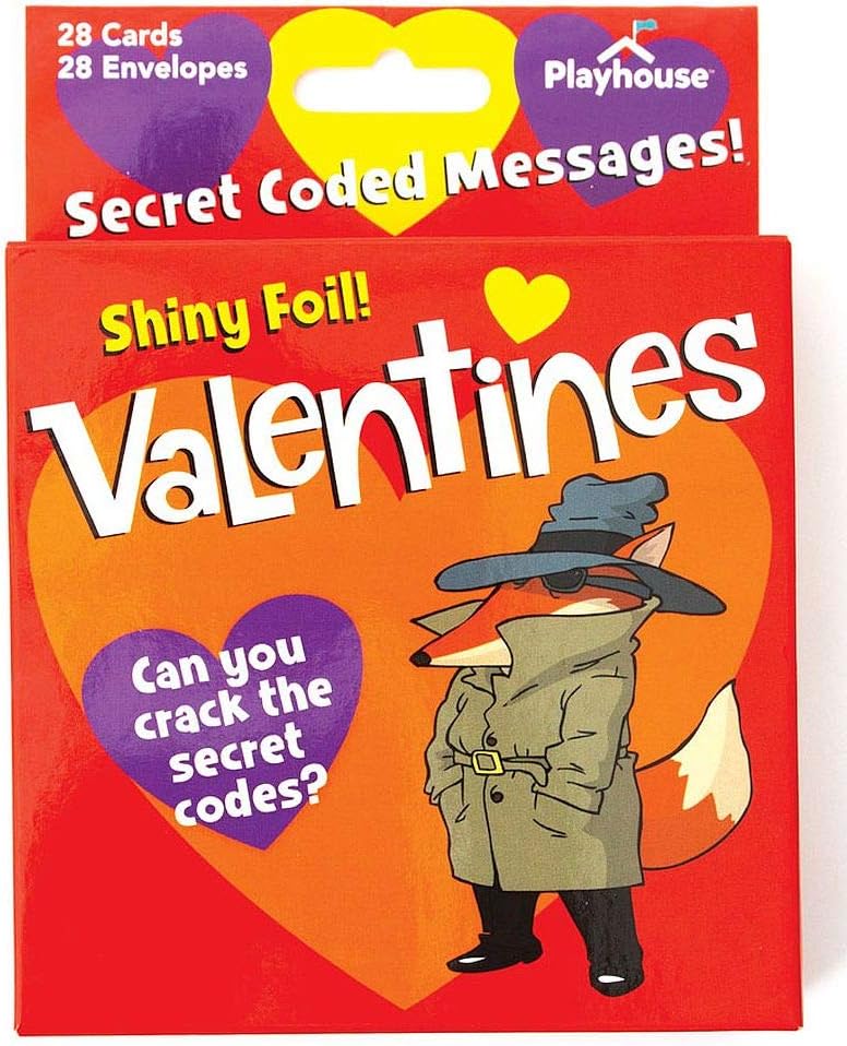 Playhouse Secret Codes Shiny Foil 28 Card Valentine Exchange Box with Envelopes for Kids
