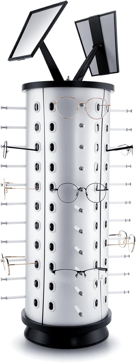VARIPOWDER 360° Rotating Glasses Display Stand Sunglasses Holder Organizer Rack Eyeglass Turning Commercial Display Stand Counter Top Sunglasses Display Rack with Mirror for 44 Pairs of Glasses Round