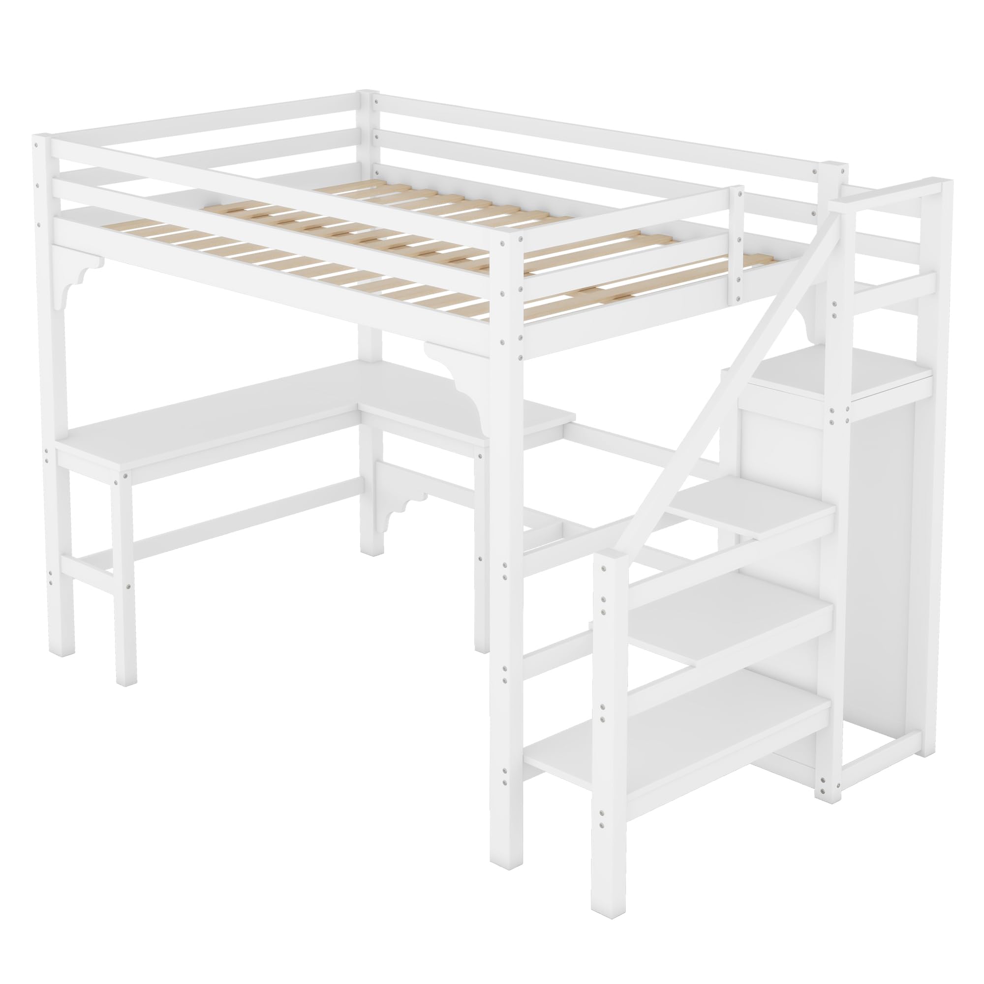 Wiuzo Letto a soppalco, 140 x 200 cm, elegante scrivania a forma di L, in legno di pino, stile minimalista, bianco