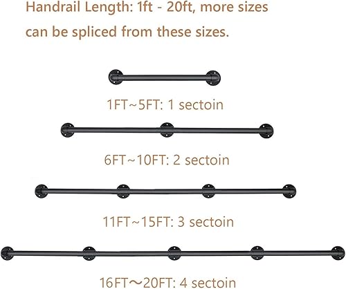 Miniatura 4 de Pasamanos - Kit completo (1 pie-20 pies). Barandillas industriales de hierro forjado para escaleras, barra de agarre, barandilla de seguridad