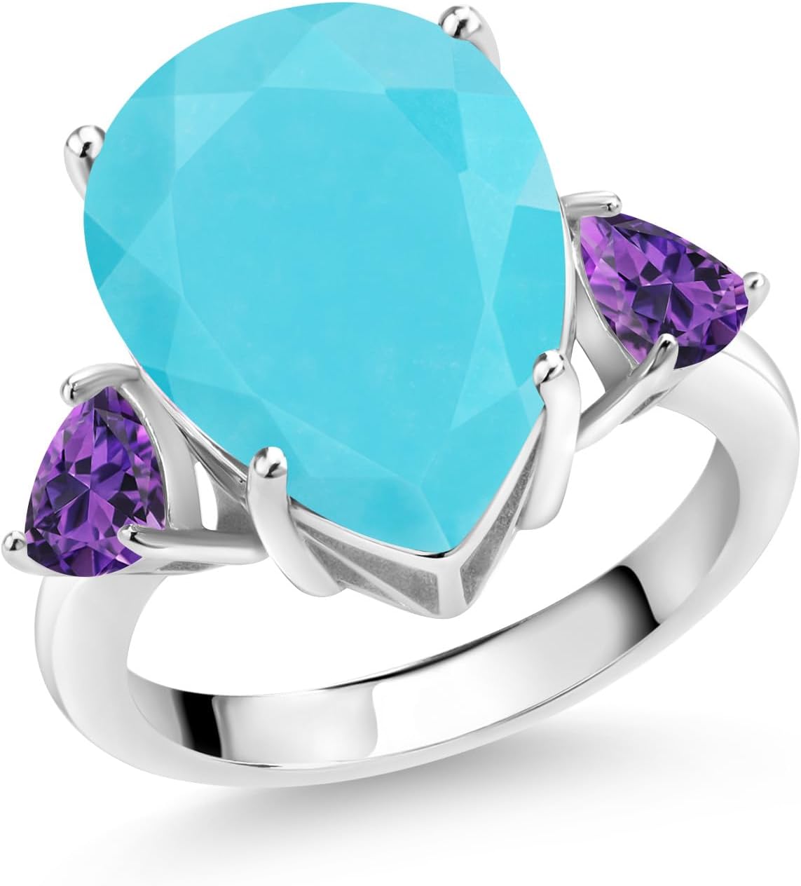 Gem Stone King 6.80 Ct Pear Shape Green Turquoise Purple Amethyst 925 Sterling Silver Ring