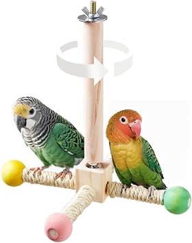 Bird Stand Perch Toy, Interactive Spinning Parakeet Toys, Wooden Exercise Wheel Parrot Toy, Enrichment Cockatiel Toy for Birds Cage, Bird Cage Accessories Perch Toys for Budgies Small