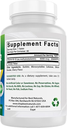 Miniatura 6 de Best Naturals Vitamina B-12 como metilcobalamina (metil B12), 6000 mcg 60 comprimidos sublinguales (60 unidades (paquete de 2))