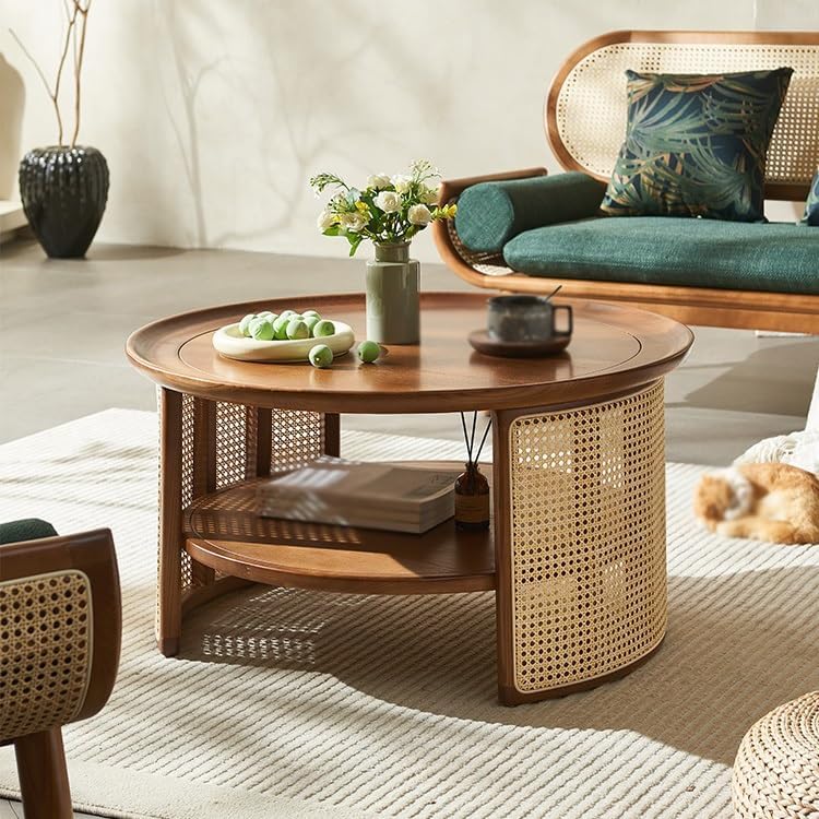 昭和レトロ 木製テーブル ラタン棚付き ローテーブル コーヒーテーブル