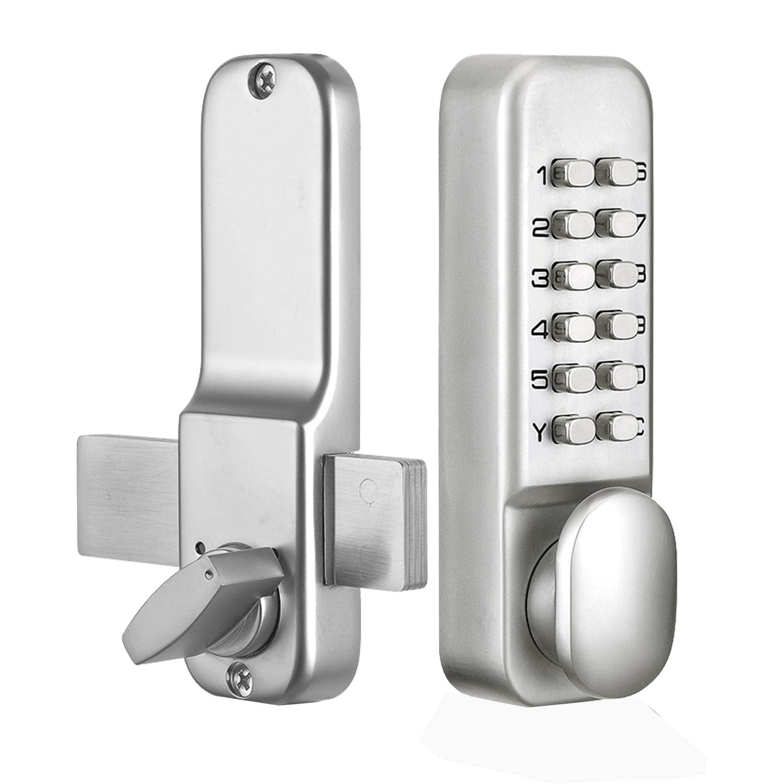 Mechanisches Türschloss Keyless Zugang Doppelgriff Passwort Code Schloss Zinklegierung Push Button Schloss für Zaun Eingangstür Innentür, Silber